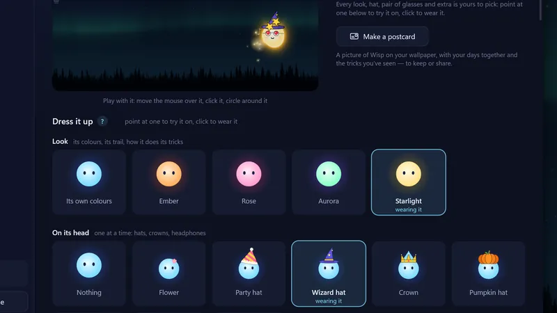 The dressing room in the Customize window: Wisp's five looks and its hats to pick from